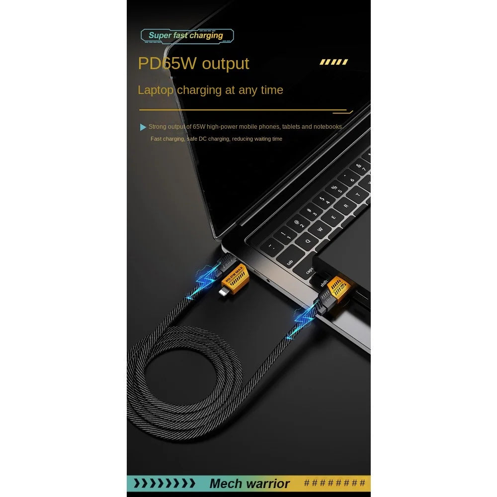 4-in-1 6A USB-C Cable – Braided, Dual Type-C, Yellow/Black