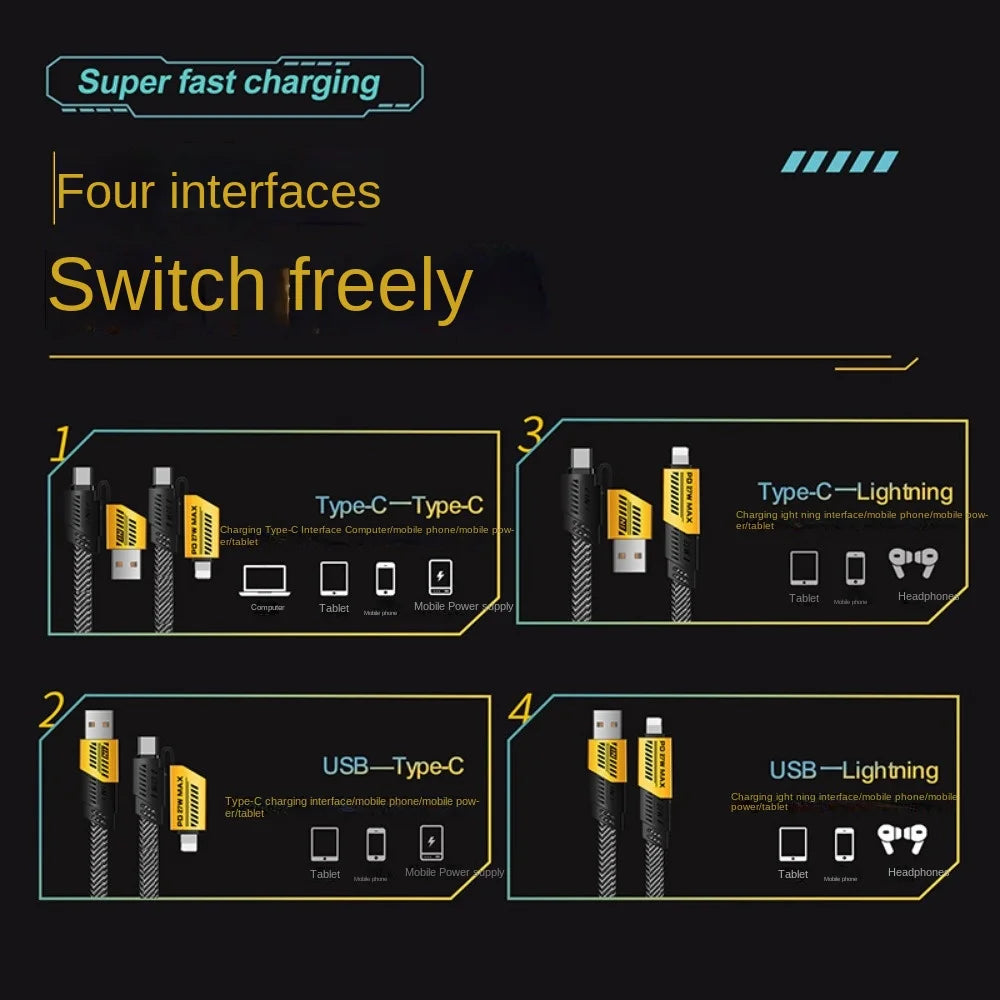 4-in-1 6A USB-C Cable – Braided, Dual Type-C, Yellow/Black