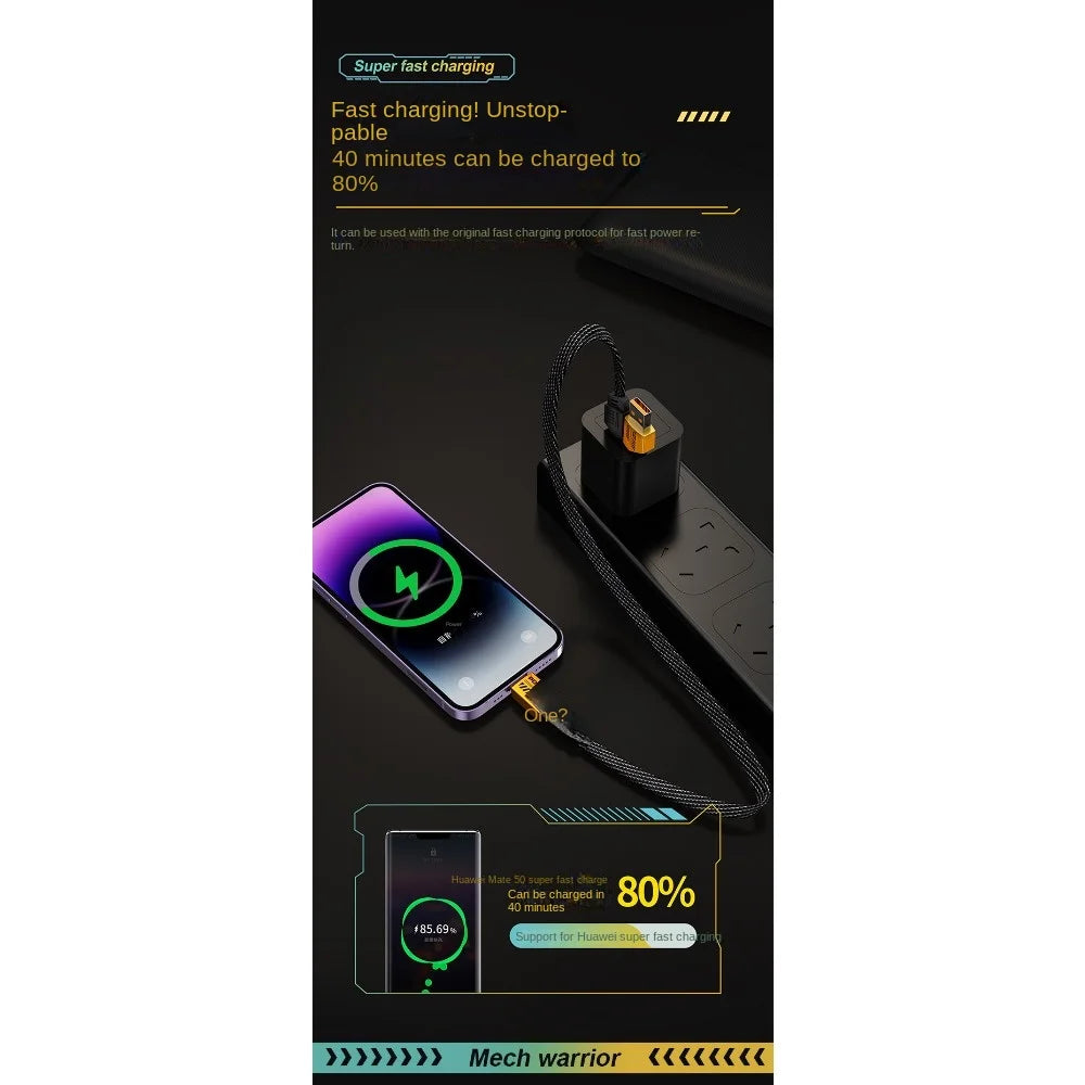 4-in-1 6A USB-C Cable – Braided, Dual Type-C, Yellow/Black