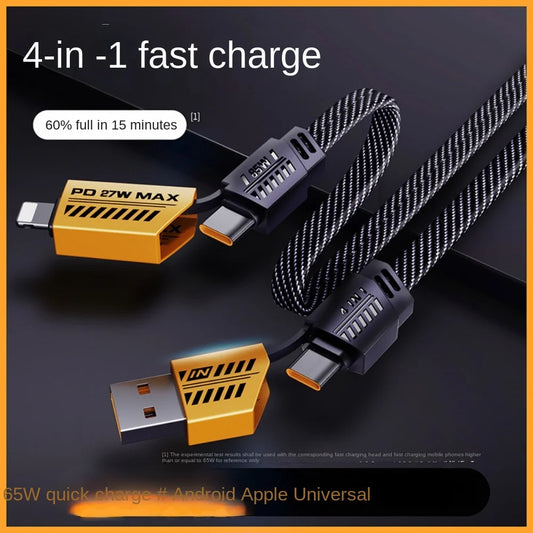 4-in-1 6A USB-C Cable – Braided, Dual Type-C, Yellow/Black