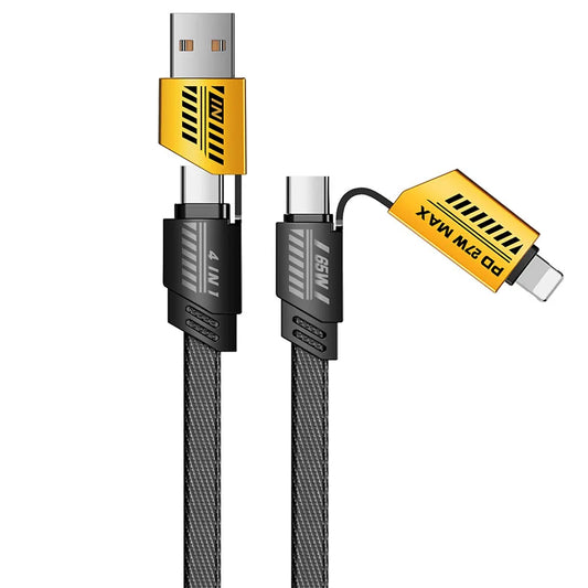 4-in-1 6A USB-C Cable – Braided, Dual Type-C, Yellow/Black